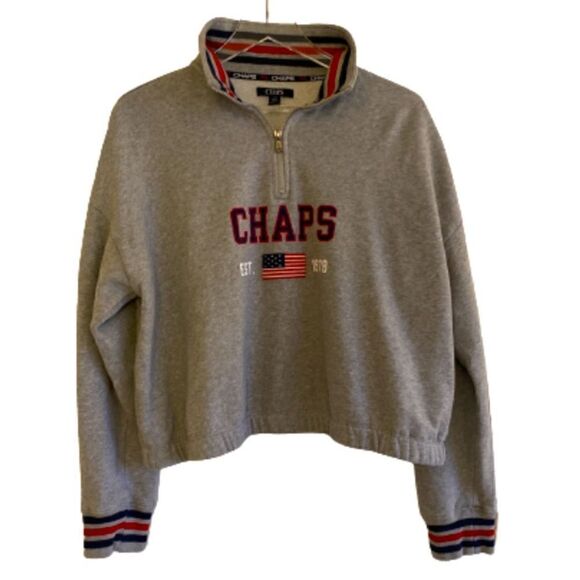 CHAPS Cropped 1/4 Zip Gray Sweatshirt USA Flag Size Large - Picture 1 of 11